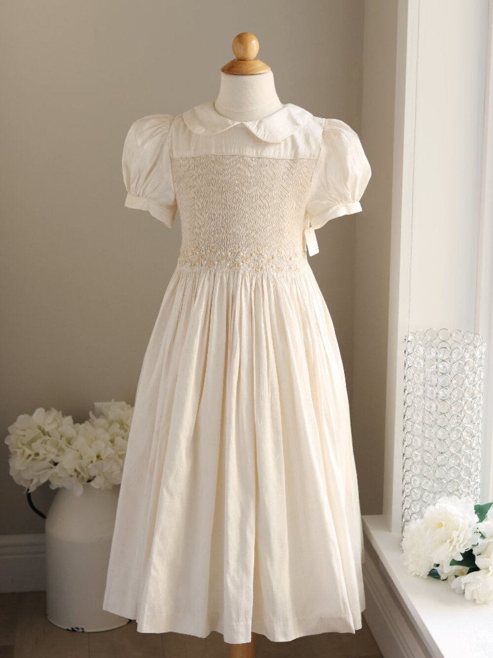 Smocked Dupioni Silk Dress Ivory Flower Girl Special Occasion Recital Size 8